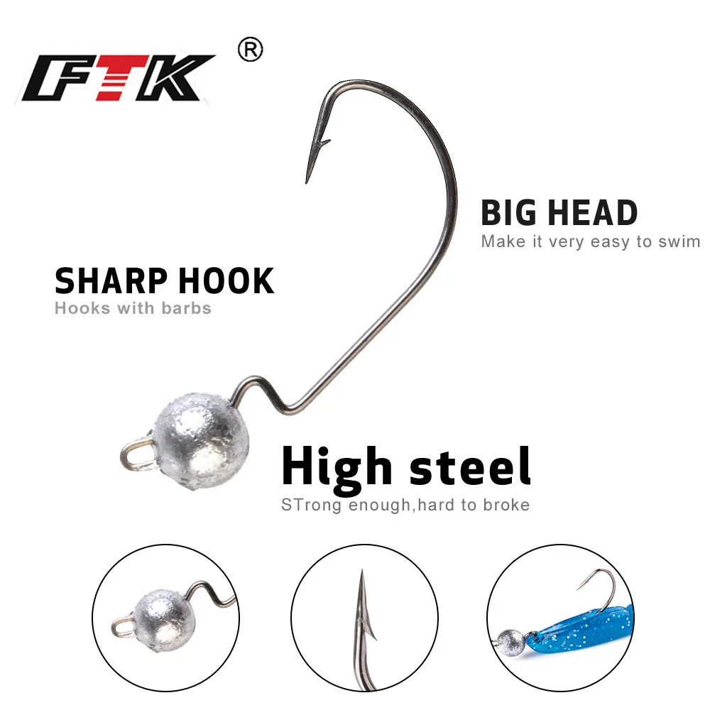 FTK-anzuelo de pesca con cabeza de anzuelo expuesta, anzuelo de gusano suave, 3,5g/5g, 8 Uds., 7g/10g, 5 uds., anzuelo de manivela para Jigging, aparejos de pesca para Lucio