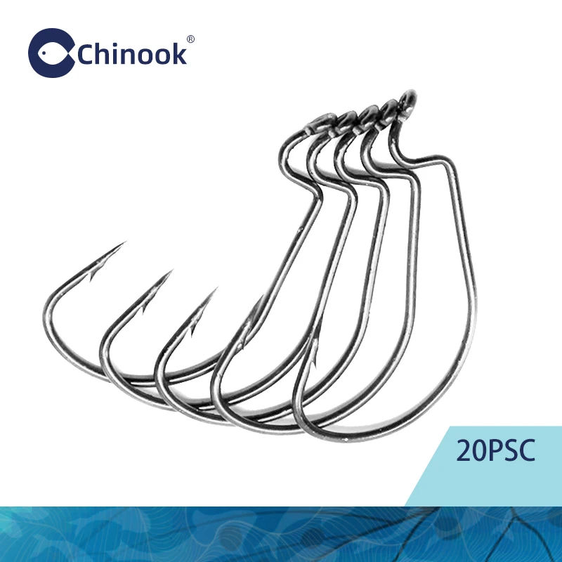 Chinook 20 piezas anzuelo Texan de gusano ancho, anzuelo compensado de carbono, anzuelo de pesca de carpa con púas para lubina, plantilla de gusano suave, anzuelo EWG