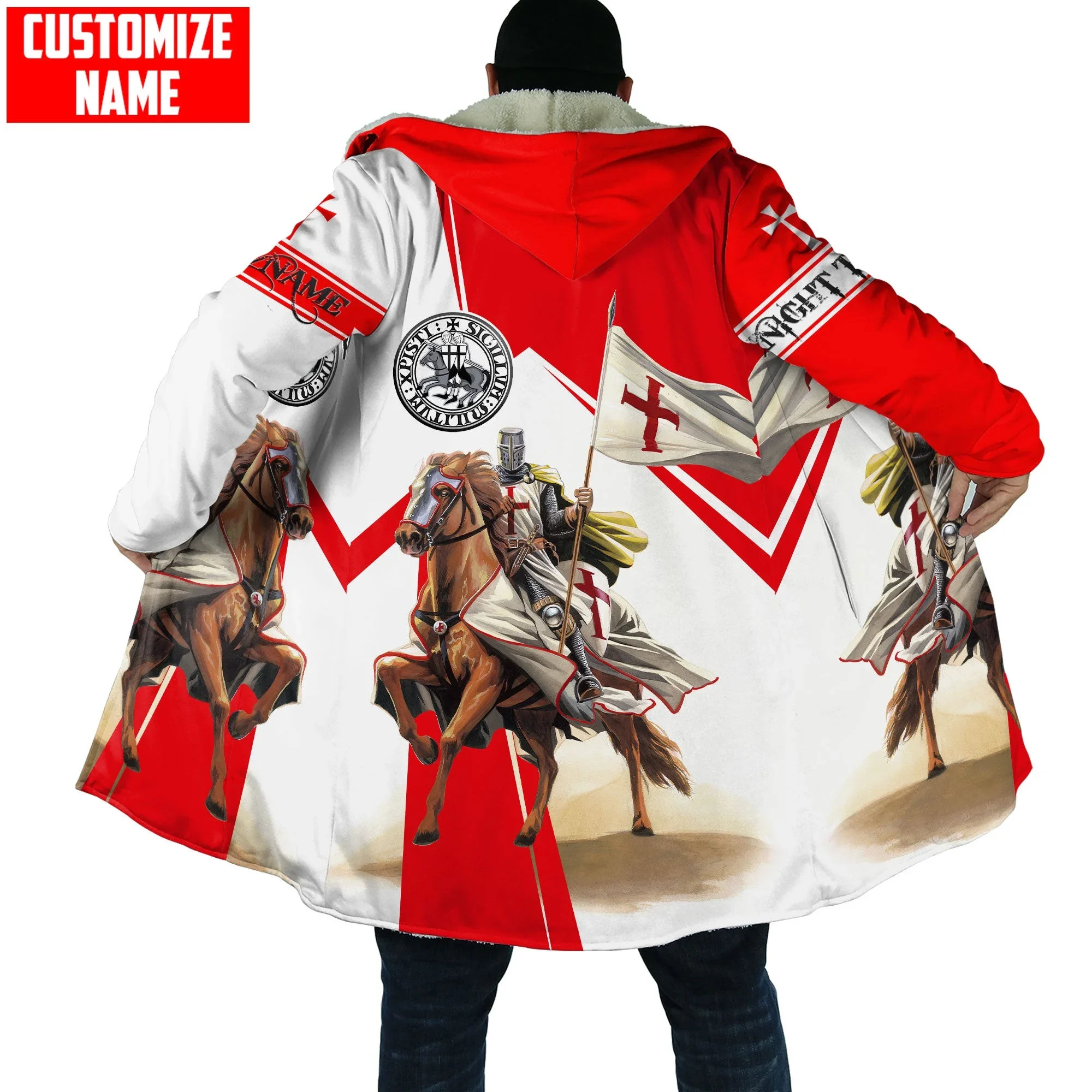 Capa de invierno a la moda para hombre, caballeros templarios, calavera, nombre personalizado, estampado 3D, capa gruesa de lana con capucha, capa cálida informal Unisex DP34 - imagen 5