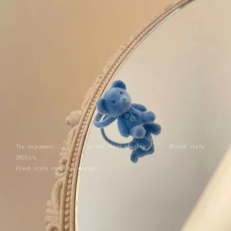 Anillo tridimensional de oso con lazo, anillo Flocado de corazón para niña linda, oso de terciopelo azul y rosa de Curry, Otoño e Invierno - imagen 4