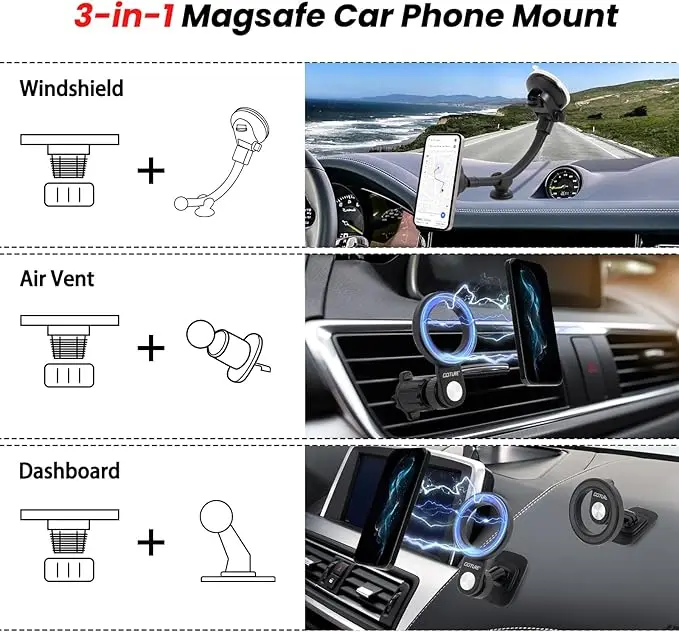 Goture-Kit de soporte magnético para teléfono de coche, 3 en 1, imán fuerte, parabrisas, ventilación de aire, tablero, soporte Magsafe, ventana, ventosa - imagen 3