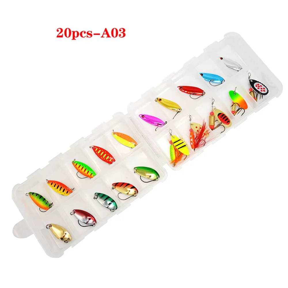 TWM20Pcs/Set de Señuelos de Pesca de colores mezclados, juego de cebo con cuchara, Kit de señuelos de Metal, Señuelos de Pesca con lentejuelas con caja, anzuelos triples, aparejos de pesca - imagen 4