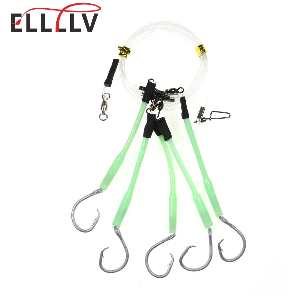 Ellllv pesca en agua salada 5 anzuelos aparejo de caída profunda con mangas protectoras luminosas para pesca de halibut, malta, pargo, atún y tiburón