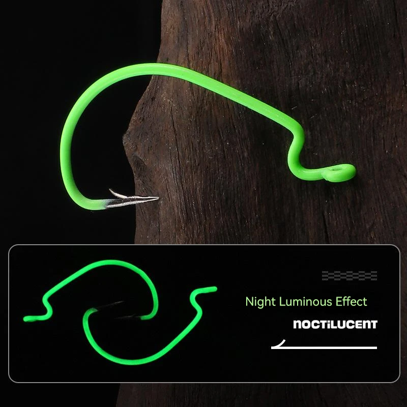 Anzuelo de pesca luminoso de 10-50 Uds., anzuelo compensado de manivela ancha de acero al carbono para señuelo de gusano suave, anzuelos de pesca de carpa con púas para lubina - imagen 2