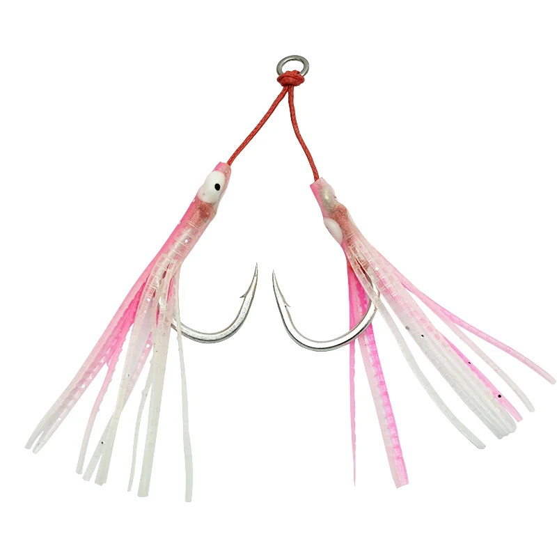 4 unids/lote luminoso pulpo Metal Jig Mate gancho de acero alto en carbono con cinta de silicona auxiliar pesca marina doble anzuelo de Jigging - imagen 5