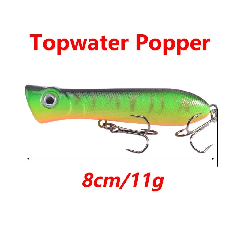 Señuelo de Pesca Topwater Popper, 8cm, 11g, Wobblers de plástico, cebo Artificial con gancho para lubina, Swimbait, aparejos de Pesca, 1 ud.