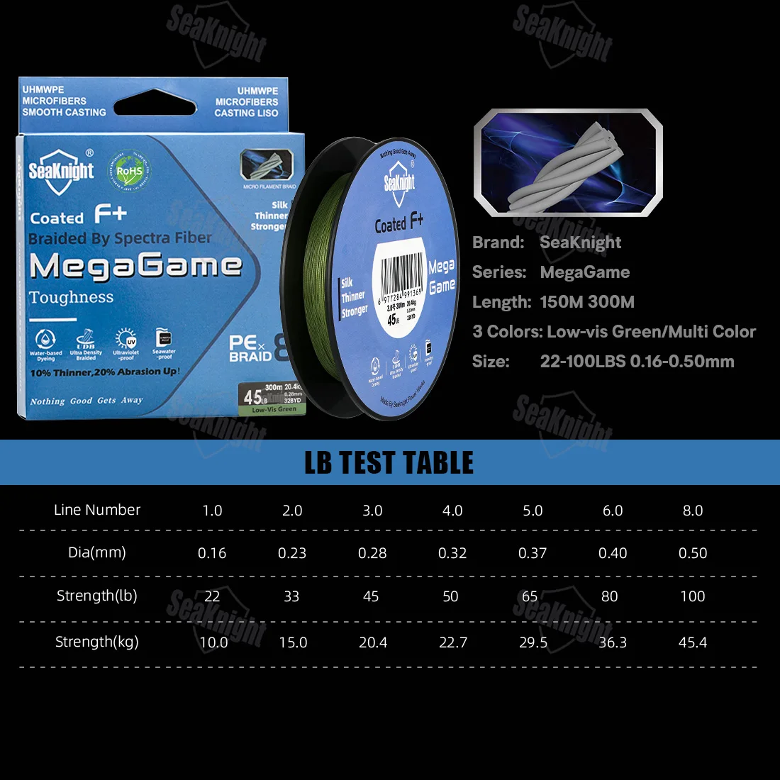 Marca SeaKnight MegaGame M8 serie 8 hebras sedal fibra Spectra revestimiento a prueba de agua de mar anti-UV sedal de pesca de agua salada M8 - imagen 5