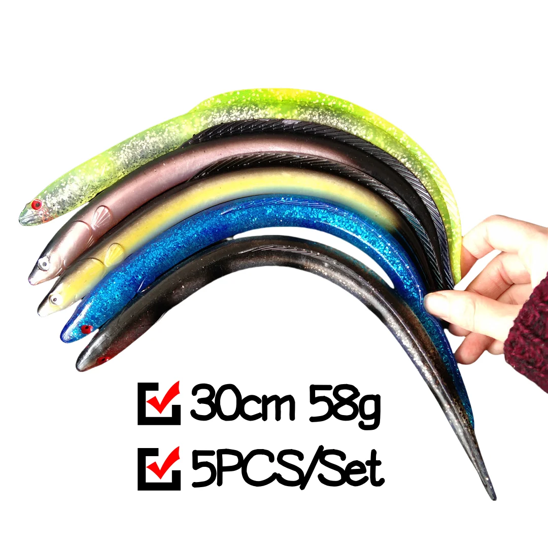Señuelos de Pesca artificiales de Anguila, cebos blandos con olor realista, 30cm/58g, aparejos de señuelos artificiales, cebo blando, Wobblers, 5 uds. - imagen 2