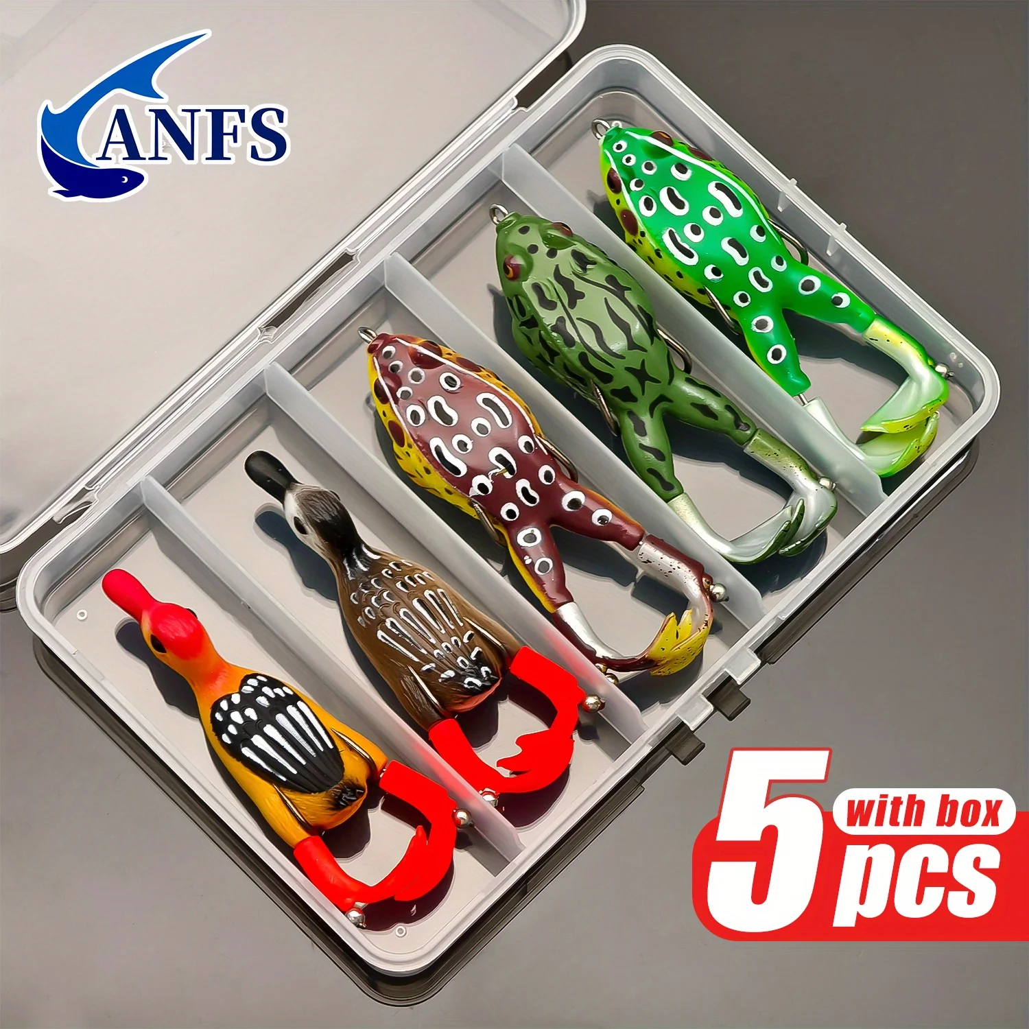 5 uds ANFS Kit de Señuelos de Pesca de rana suave-2 uds cebos artificiales de pato con 3 uds señuelo suave de rana-5 uds cebo de pesca con caja de almacenamiento - imagen 2
