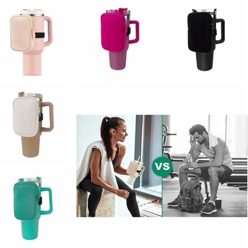 Mini bolsa de neopreno para botella de agua con correa ajustable, funda de almacenamiento de Color sólido, monedero para vasos Stanely, tazas y tazas - imagen 5