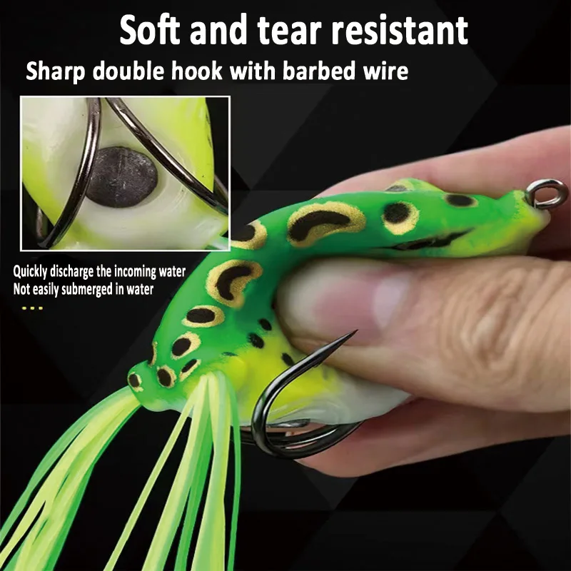 Señuelo de rana hueca Artificial, cebo de rana Ray con ganchos dobles, diseño realista, 10,5g, Topwater, ojos 3D, Lucio, Pesca al curricán - imagen 5