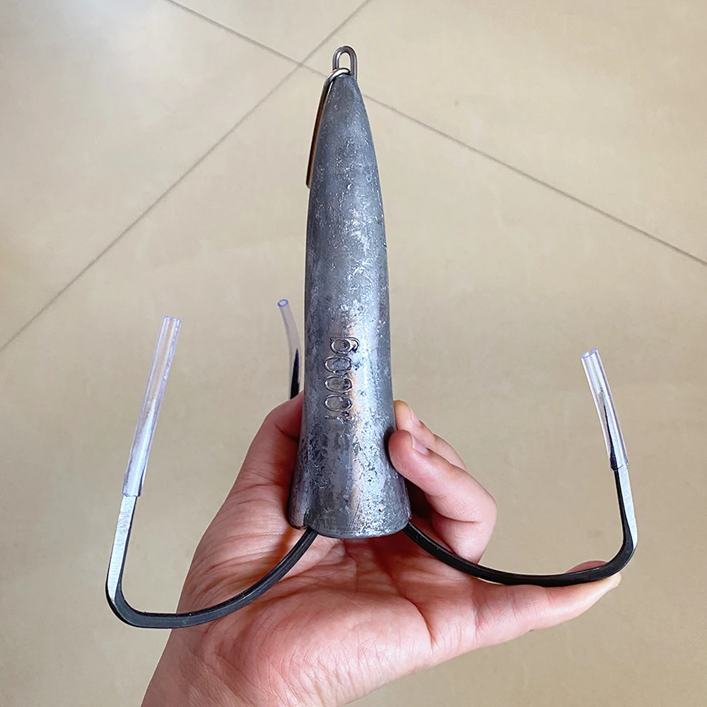 Anzuelos de pesca de 1000g, anzuelos triples plateados de acero al carbono con púas