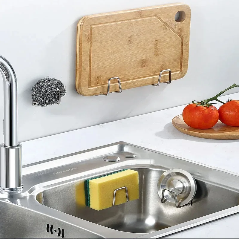 Estante de fregadero de acero inoxidable para cocina, soporte adhesivo para esponja, tubo de drenaje, estante de secado, gancho para colgar en la pared, organizador de accesorios - imagen 3