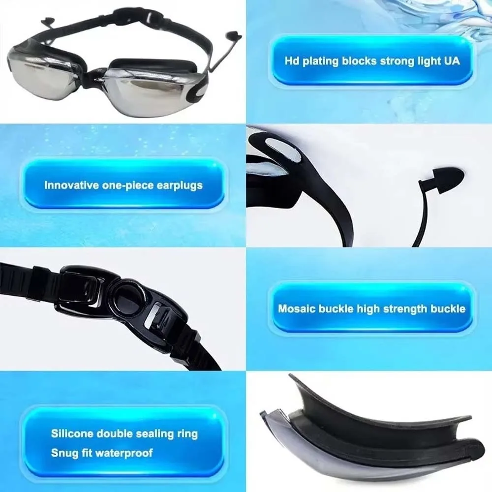 Gafas de natación impermeables para miopía, galvanoplastia, colores deslumbrantes, gafas de natación con tapones para los oídos, marco grande de silicona