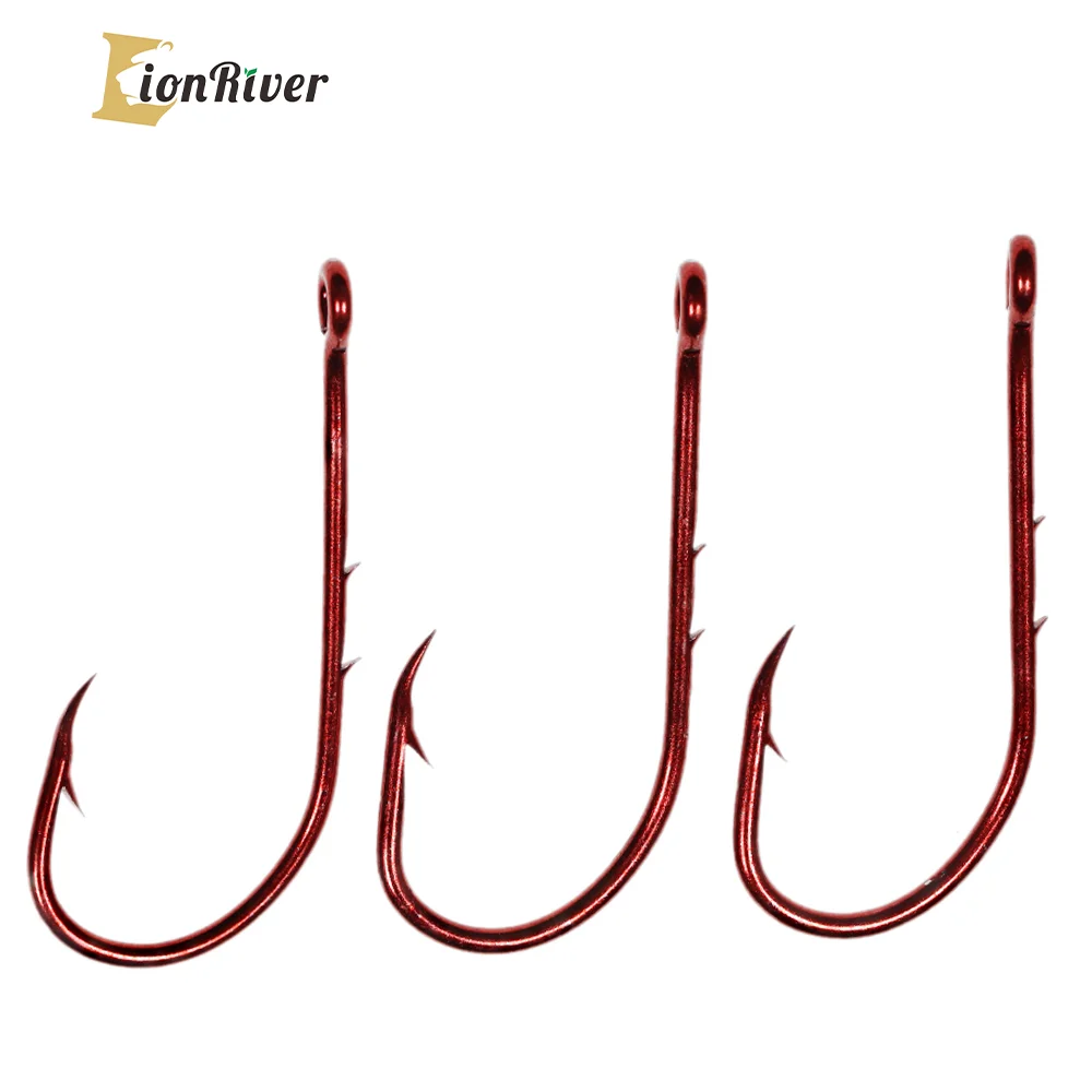 LIONRIVER Anzuelos doble púa acero carbono rojo