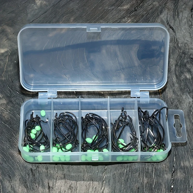 100 unids/caja juego de ganchos de manivela tamaños mixtos 2 # -3/0 #   con cuentas Kit de anzuelos de pesca anchos de acero rico en carbono anzuelos de carpa Brothers Offset - imagen 2