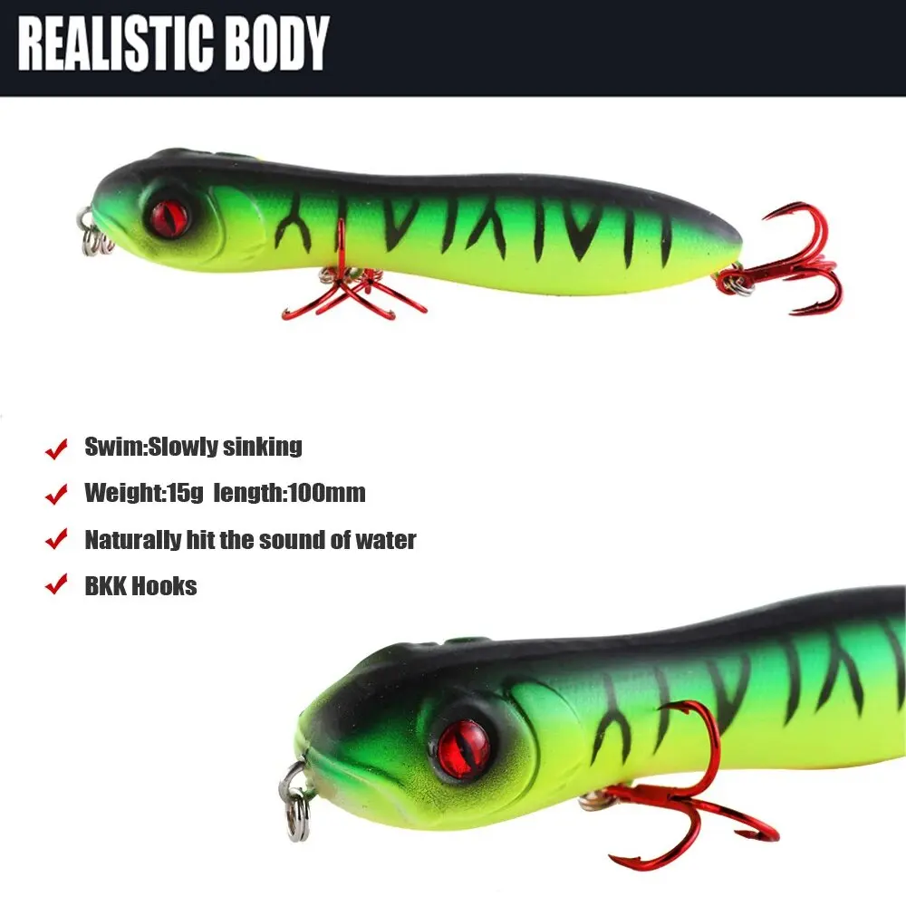 9 Uds cebo tipo lápiz con cabeza de serpiente 100mm 15g señuelo de pesca señuelo tipo lápiz flotante cebo duro lubina Pike Topwater ojos 3D Wobbler de plástico - imagen 3
