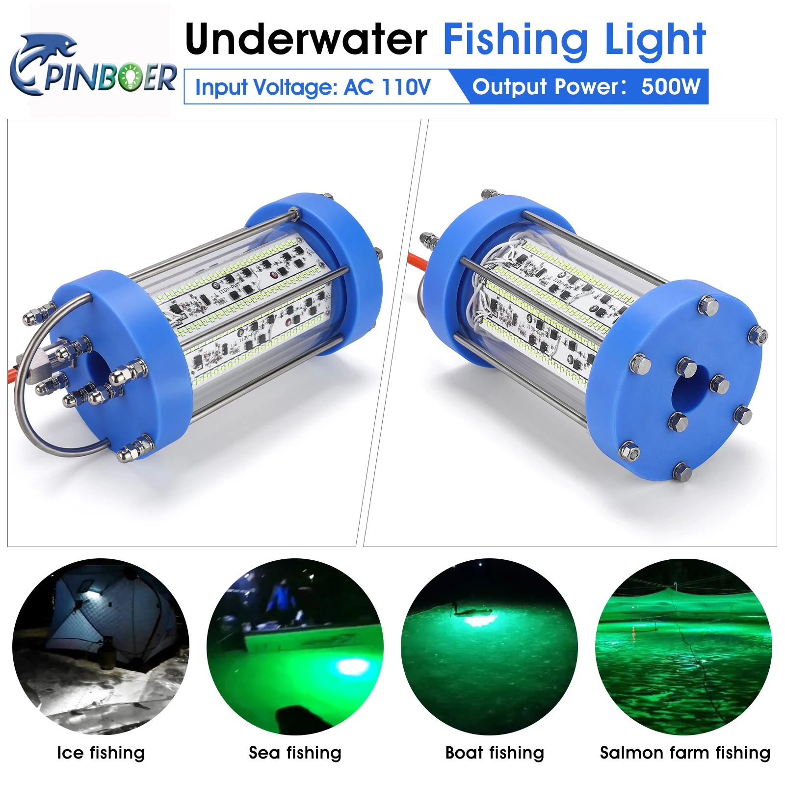 Pinboer Luz de pesca submarina 500W AC110V 65000LM Lámpara LED sumergible verde de alta potencia con brillo regulable - imagen 3