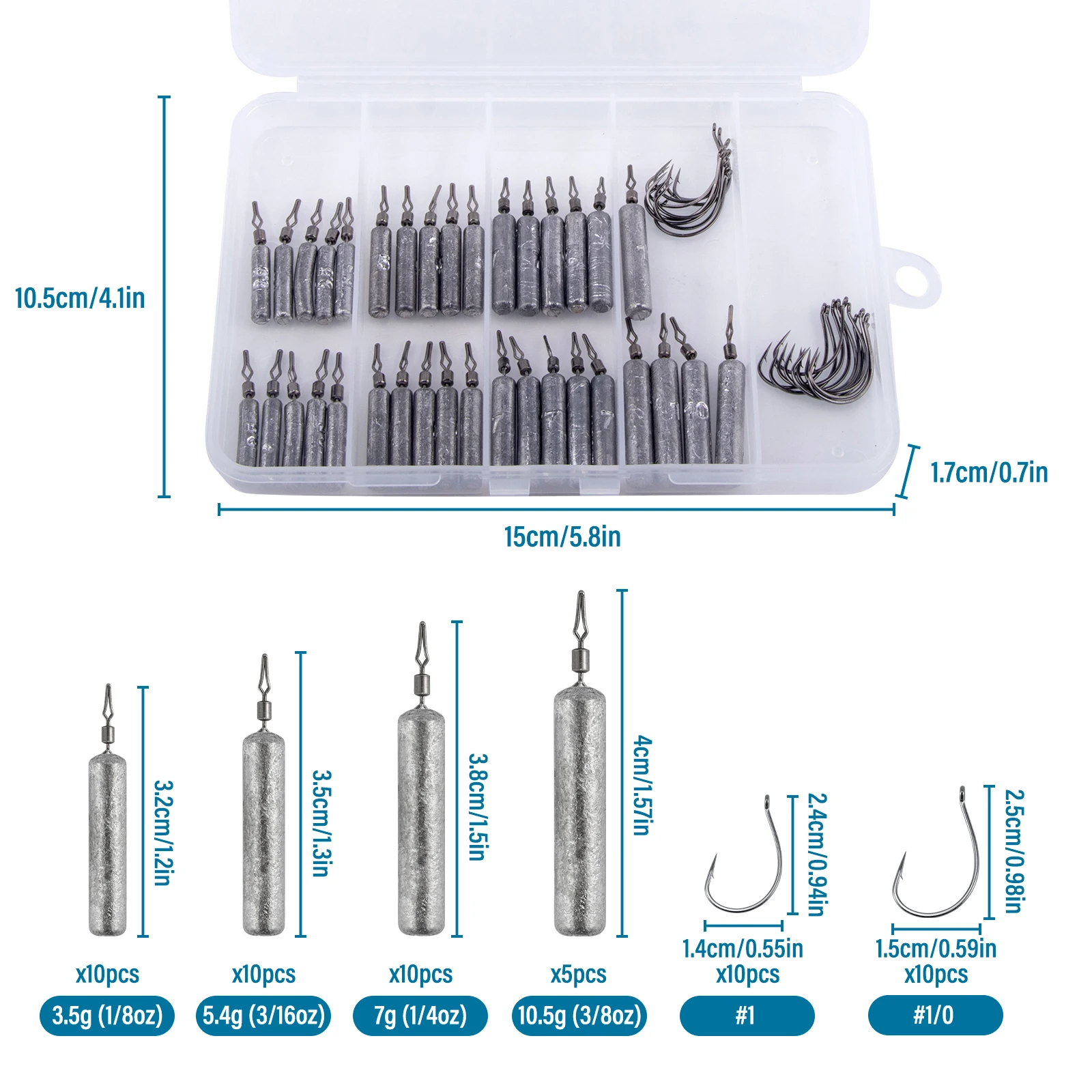 Kit de anzuelo y peso de tiro caído, 55/100 Uds., para aparejo de tiro caído, surtido de pesas para pesca de lubina, anzuelos extravagantes incluidos, plomos cilíndricos - imagen 3