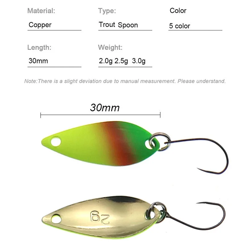 Lote de 5 cucharas de pesca de Metal, señuelos de trucha, kit de 5 piezas, 2g, 2,5g, 3g, cebo Artificial giratorio de lentejuelas, gancho único sin púa - imagen 2