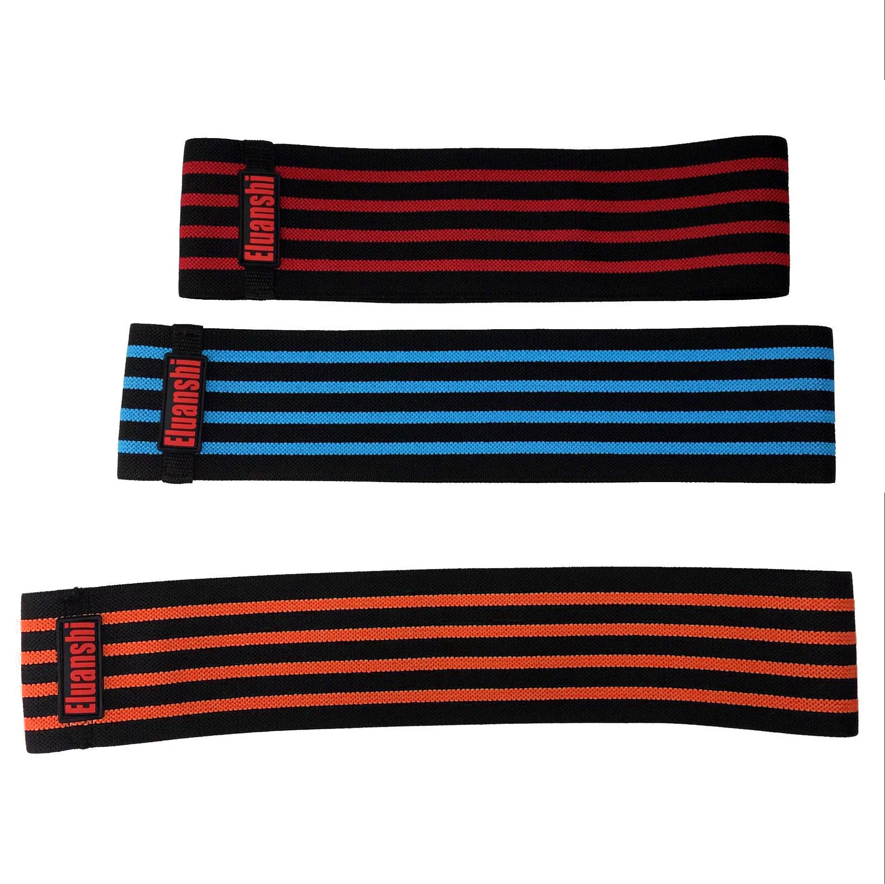 Tres diademas con estampados de diferentes colores. El de arriba tiene un fondo negro con rayas rojas, el del medio tiene un fondo negro con rayas azules y el de abajo tiene un fondo negro con rayas naranjas. Cada diadema tiene una etiqueta con el texto elanshi.