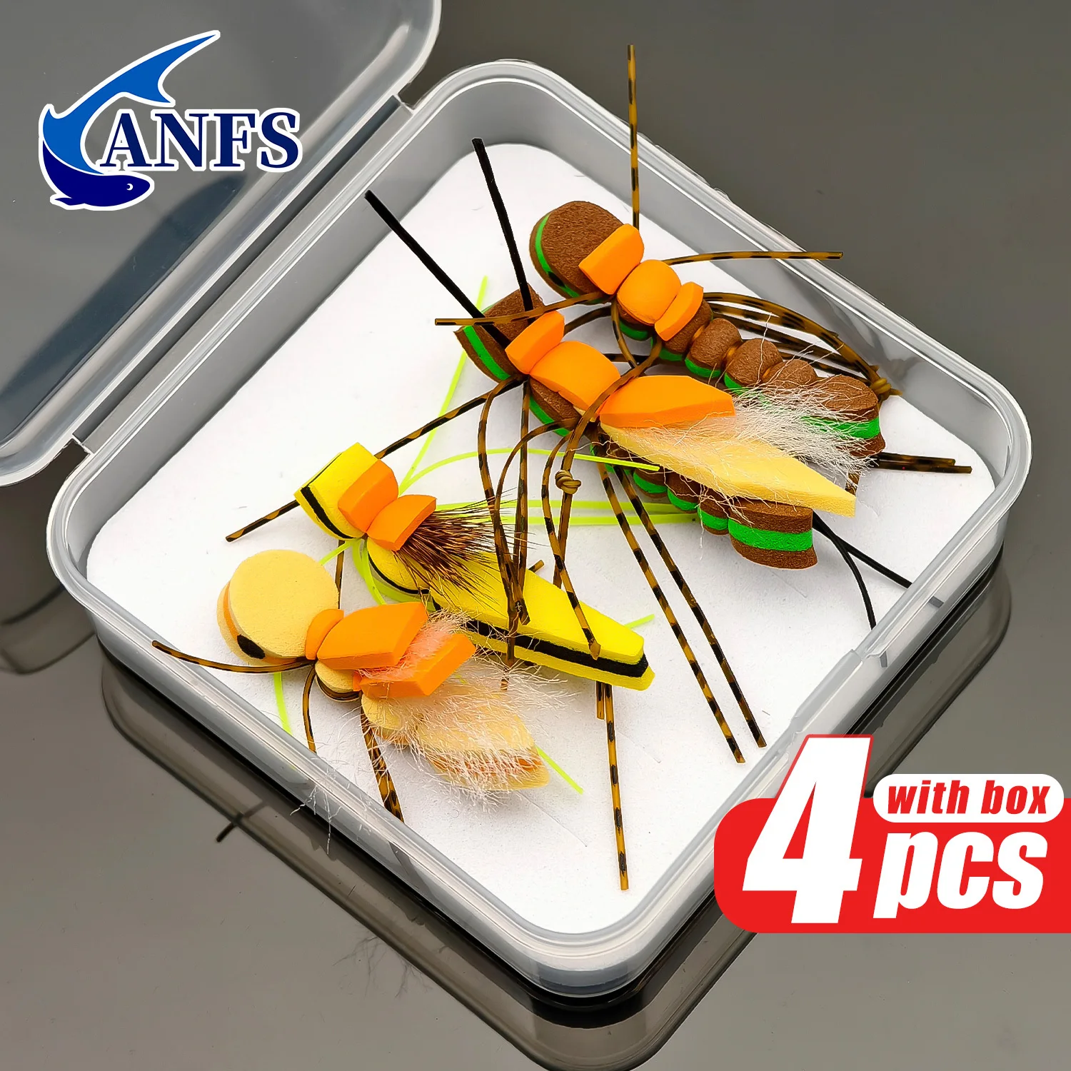 ANFS 4 unids/caja tolva de hierba señora araña espuma moscas secas pesca con mosca flotante espuma sándwich Hoppers Señuelos de pesca para Lucio, lubina - imagen 2