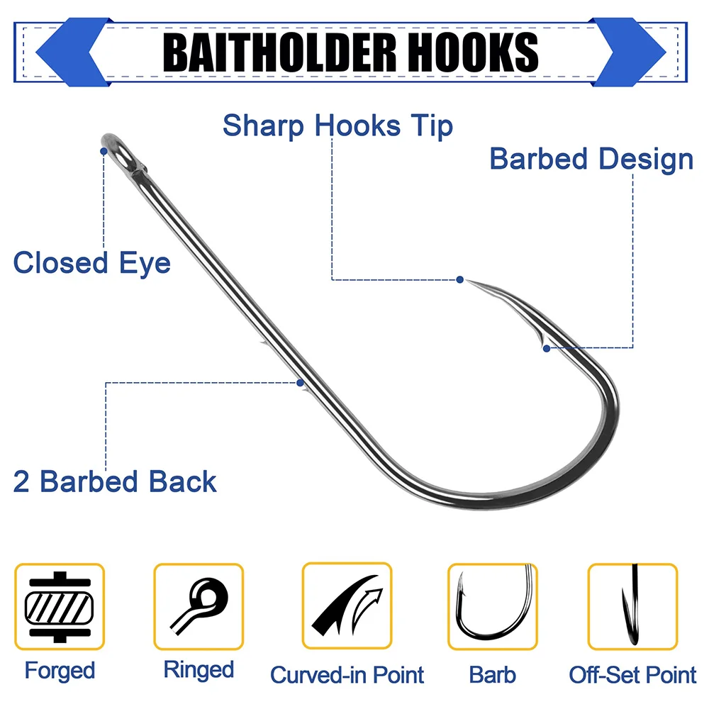 50 Uds Baitholder anzuelos de pesca con púas de vástago largo, ganchos de soporte para cebo, anzuelos compensados de acero rico en carbono, agua salada y agua dulce - imagen 3