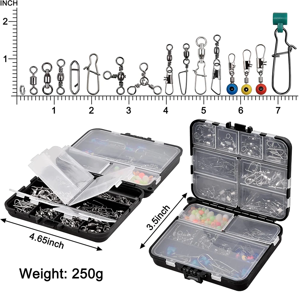 Kit de accesorios de pesca, caja de aparejos de pesca con rodamiento de bolas, giratorio a presión, deslizador de plomo giratorio de 3 vías, Clips de cambio rápido, 205 Uds. - imagen 5