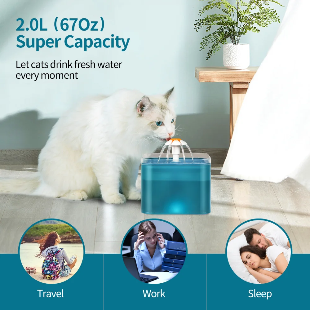 Fuente de agua para gatos, filtro automático, iluminación LED, tazón bebedero eléctrico silencioso USB para gatos, dispensador de agua con filtring de recircular de 2L - imagen 3