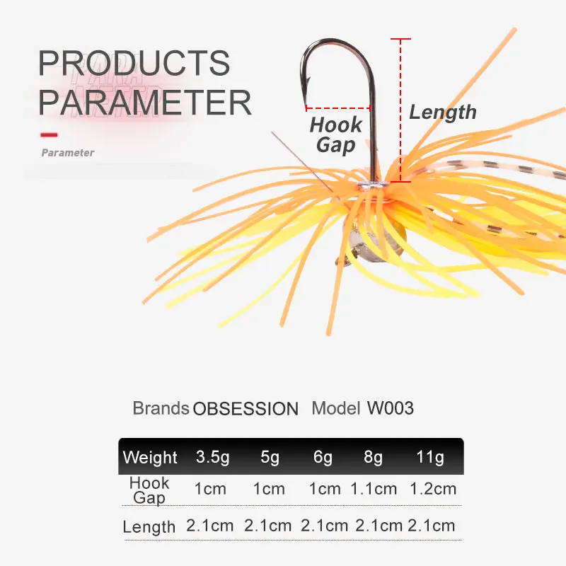 OBSESSION W003 6 unids/bolsa 3,5g/5g/6g/8g/11g falda de silicona señuelo de pesca de barba brillo goma Jig Head cebo todo el agua Wobbler Jig Bait - imagen 3