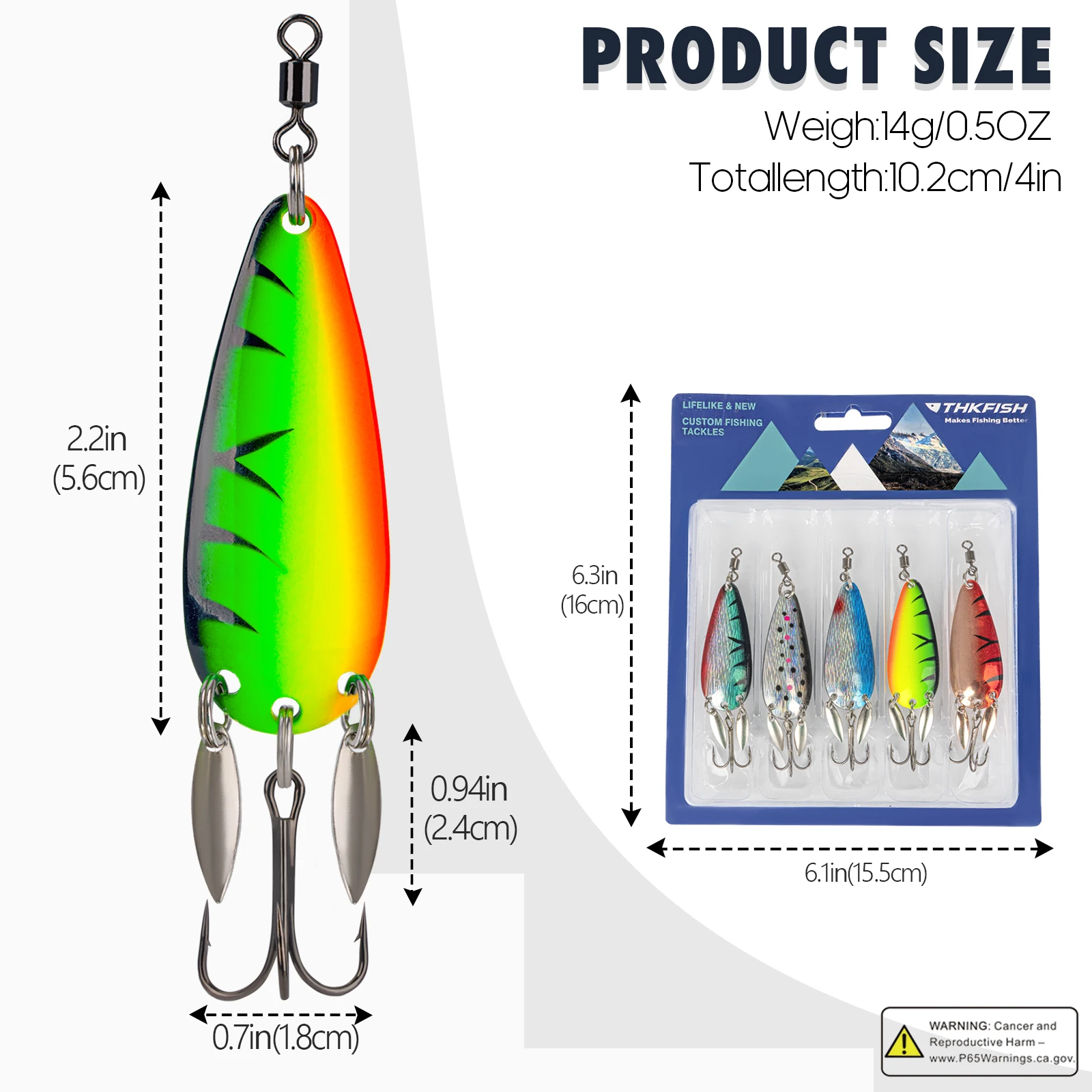 Cucharas de pesca, cebo duro con anzuelos triples giratorios, 14g, cuchara giratoria de Metal, señuelos artificiales para pesca de trucha, 5 uds. - imagen 2