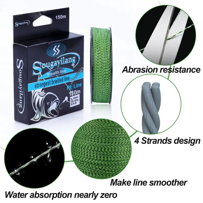 Línea de pesca trenzada Sougayilang, 150M, 350M, 550M, 4 hebras, alambre de pesca multifilamento moteado súper fuerte, pesca de carpa 20-78LB - imagen 5