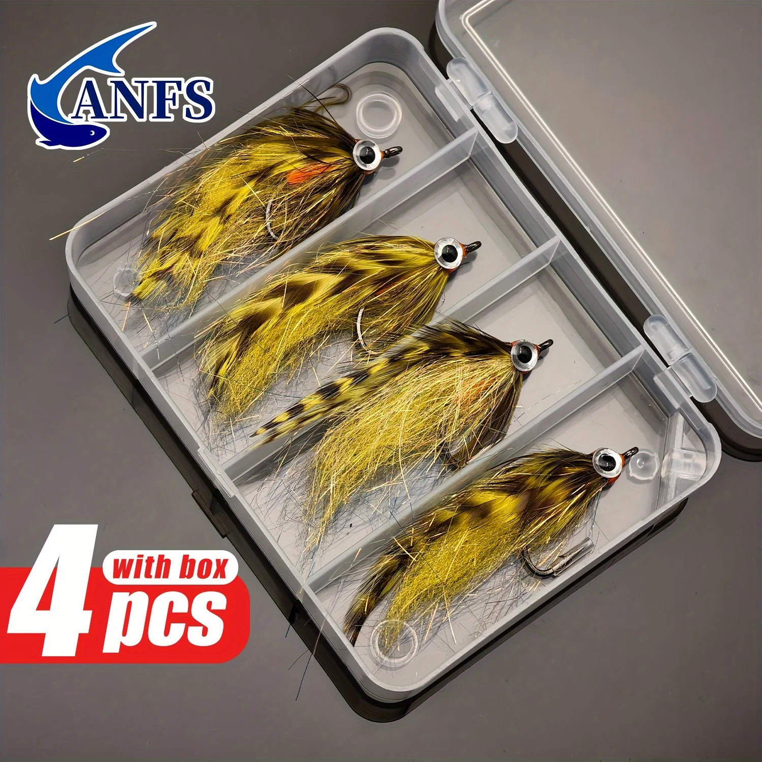 ANFS 4 señuelos de pesca con mosca-cola Grizzly, señuelo de mosca realista con serpentina de gran juego para salmón, lubina, truco-regalo Ideal para pescador