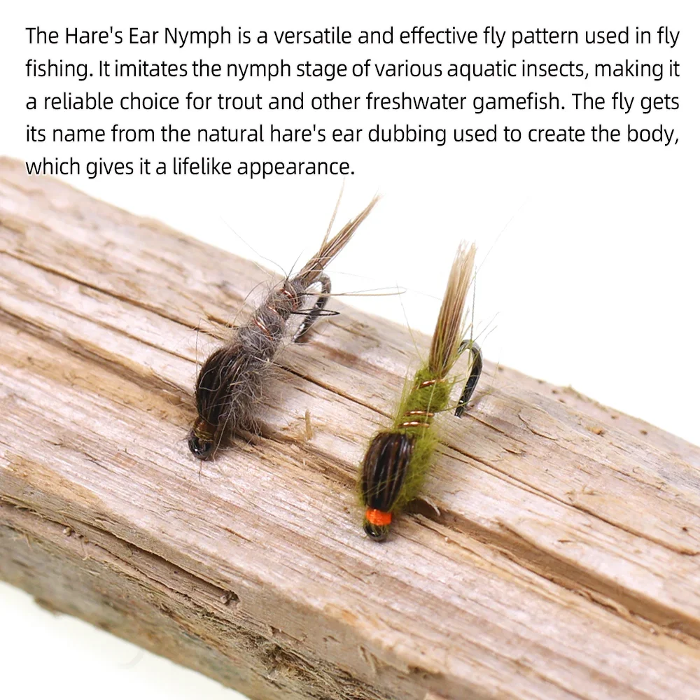 Wifreo 8 piezas de gancho para atar moscas con púas y moscas secas de ninfa de oreja de liebre # 14 cebos para insectos artificiales, señuelos de pesca para trucha, Gryling Bluegill - imagen 5