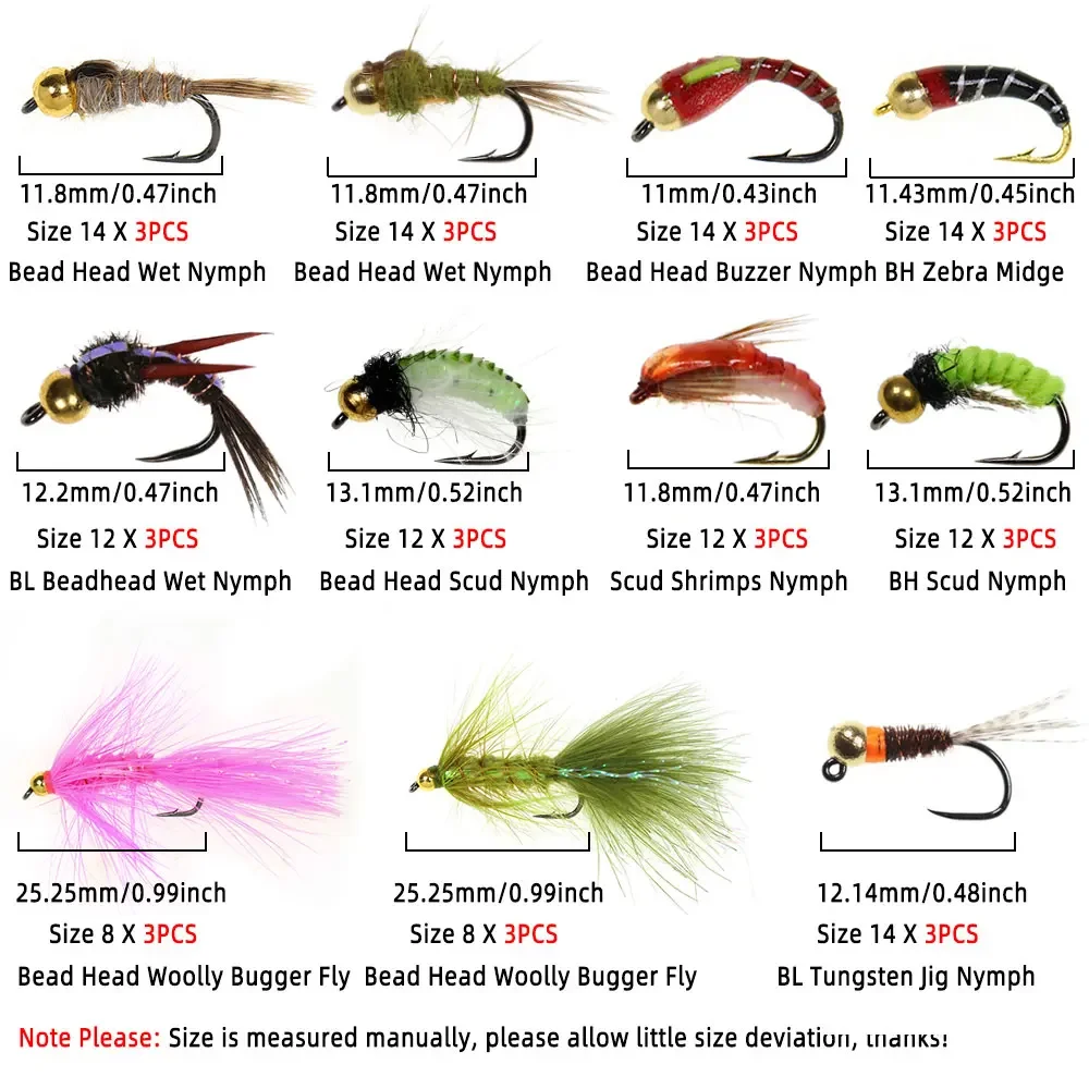 Bimoo 72 Uds Kit de moscas/caja Adams mosca seca mayfly moscas secas Caddisfly cabeza de cuentas ninfas húmedas lanoso Bugger Streamer trucha señuelo para peces - imagen 3