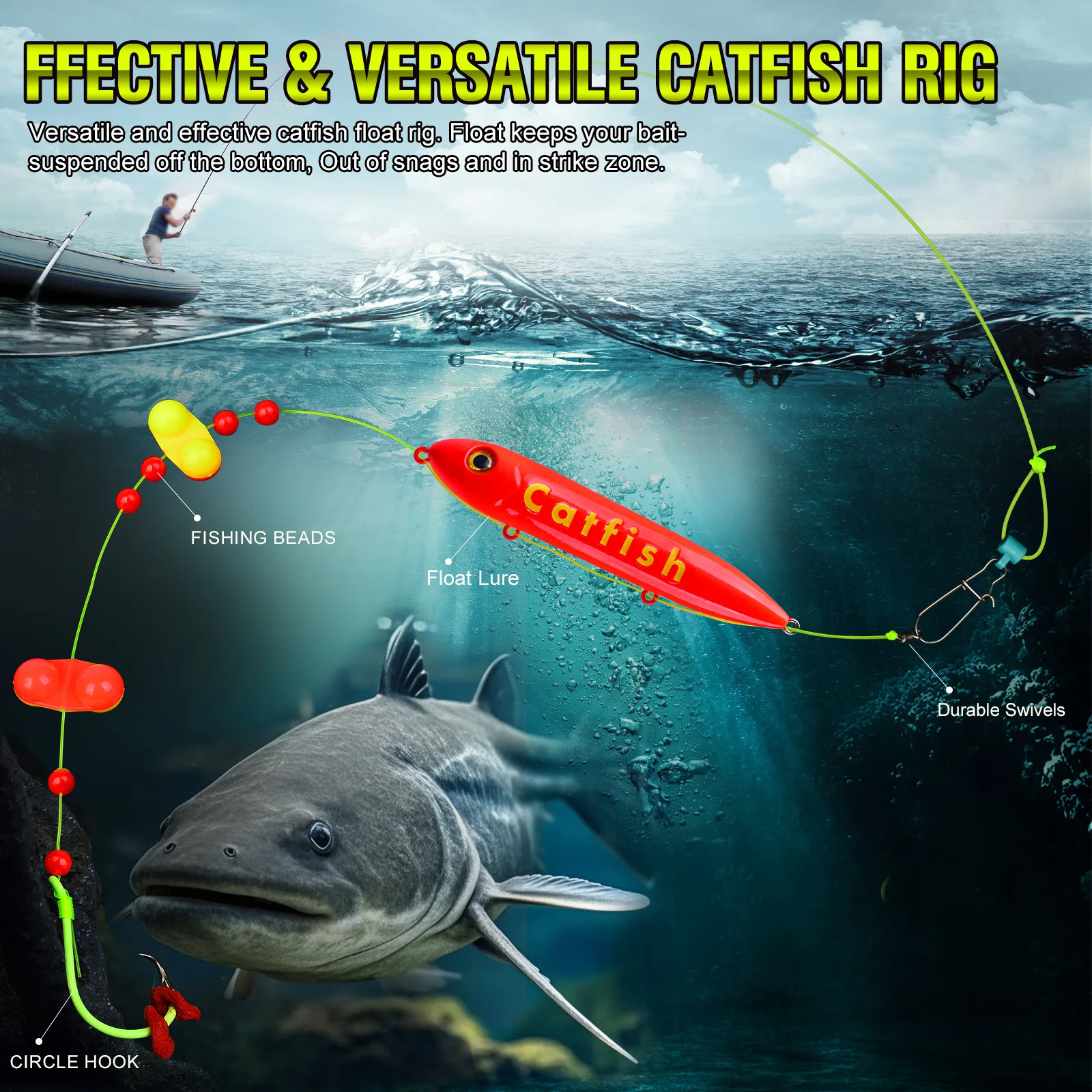 Plataforma de bagre con sonajero y ojos 3D, equipo de pesca Premium para bagre, anzuelos 8/0 10/0 para bagre en lago de agua dulce, 5 uds. - imagen 3