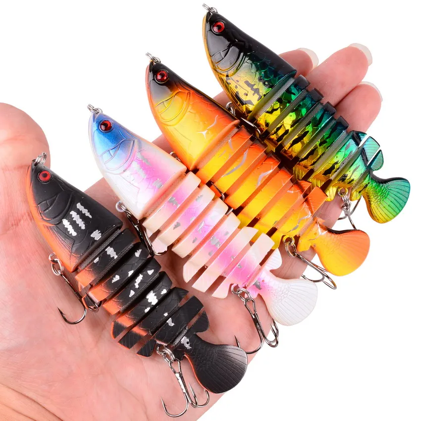 Señuelos de Pesca de 5 piezas, cebo Multi articulado Minnow Wobblers ABS cuerpo con cola suave SwimBaits suave señuelo para Lucio aparejos de pesca - imagen 4