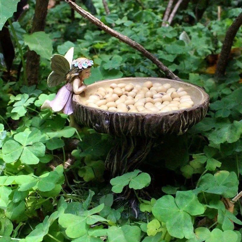 Estatua de jardín de hadas y flores de 5 pulgadas, bandeja alimentadora de pájaros, artesanía para el hogar de resina para exteriores, estatua decorativa para patio de hadas y jardín - imagen 2