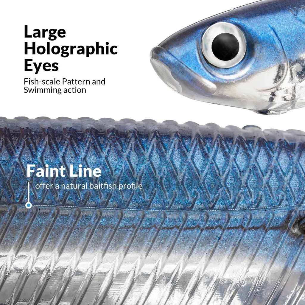 Señuelos blandos de plástico, 5 uds., 10cm, simulación de ojos 3D, cola giratoria Artificial, cebo de pesca Wobbler, gusano, Swimbait, señuelo pececillo que se hunde - imagen 4