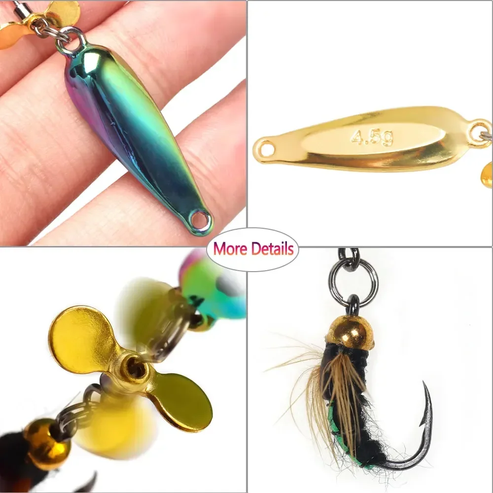 Bimoo-señuelo de Metal con lentejuelas para pesca, conjunto de señuelos de trucha, lubina, cebo para insectos, gusano, moscas, cuchara giratoria, 5 unids/lote por caja - imagen 4