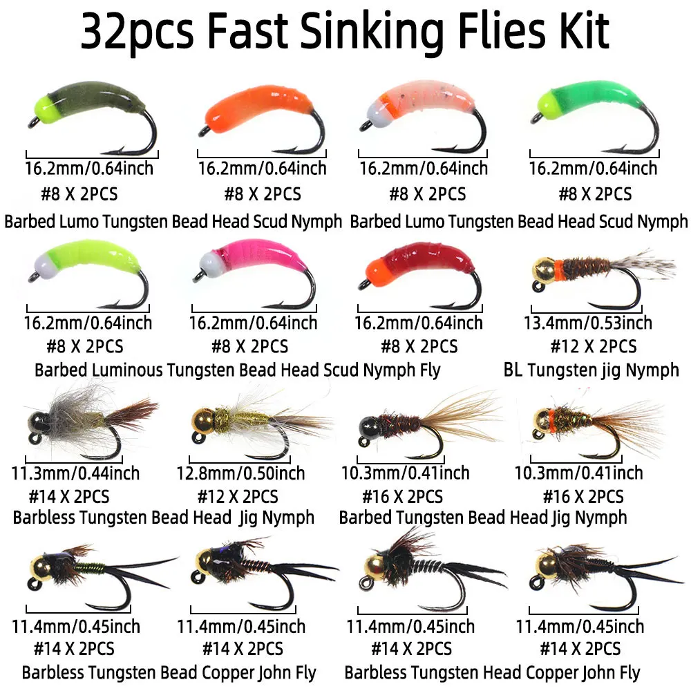 Bimoo-Kit de 32 Uds de moscas, plantilla de cuentas de tungsteno, plantilla de fregadero rápido, plantilla de cobre John Fly luminosa, ninfa, trucha húmeda, Señuelos de Pesca en hielo - imagen 2