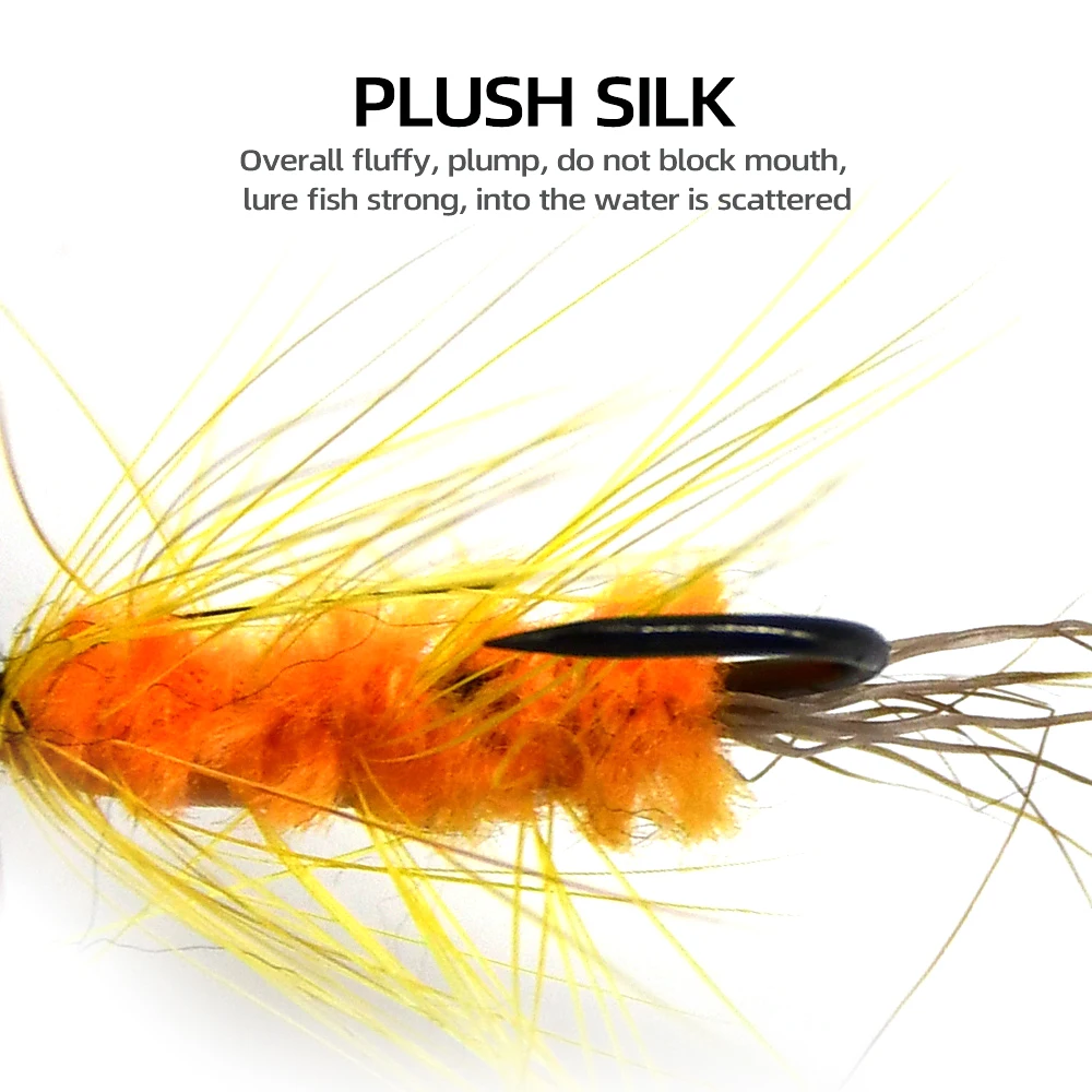 MNFT 10PCS 6 #   Cebo con mosca para pesca de trucha, gusano naranja, barba amarilla - imagen 3