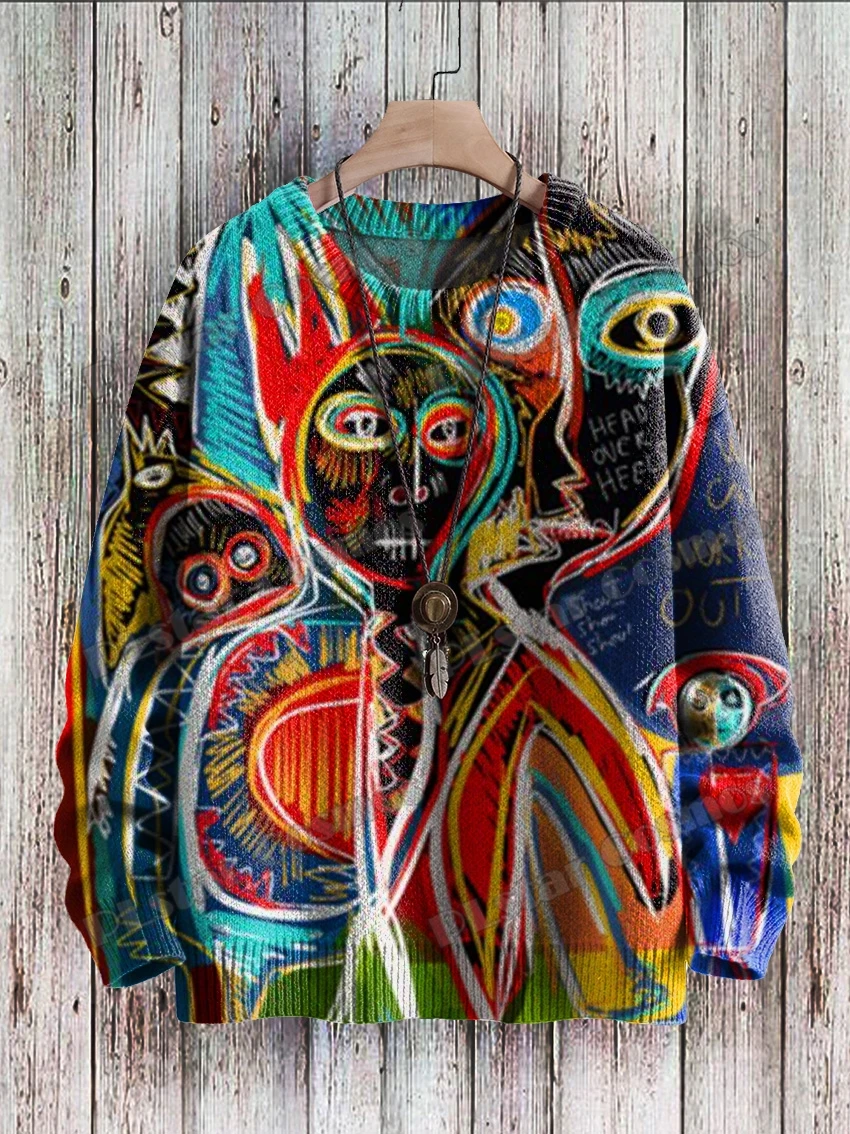 Jersey de punto informal Unisex de invierno cuando las madres hablan Street Art Graffiti 3D impreso cuello redondo suéteres de punto KMY41 - imagen 3