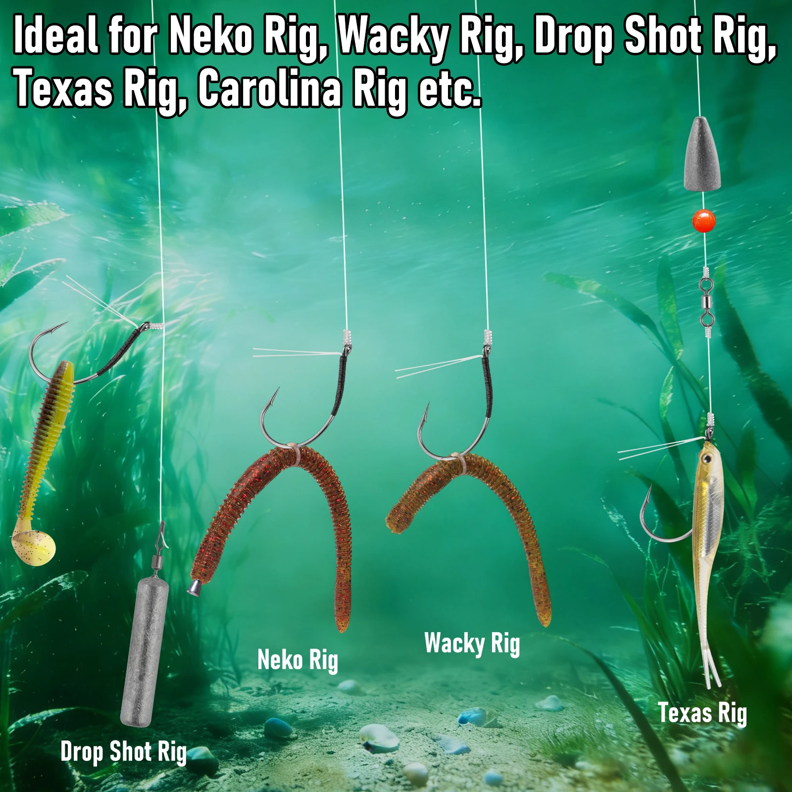 50 Uds. Anzuelos de pesca locos sin malezas, anzuelo de pesca de lubina Ultra afilado de espacio ancho para aparejo de tiro de gusano, aparejo loco Neko - imagen 4