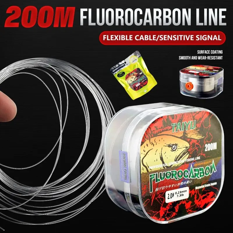 Línea de pesca de fluorocarbono estándar TAIYU, 200M, materiales japoneses, cable líder duradero de 3LB-26LB, línea de pesca con mosca de carpa de 0,14mm-0,47mm