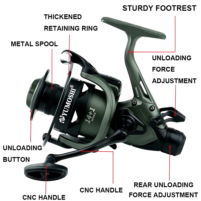 Carrete de pesca giratorio con frenos dobles delanteros y traseros, serie 3000-6000, relación de engranaje 5,5:1, con sistema de arrastre suave, adecuado para carpa - imagen 2