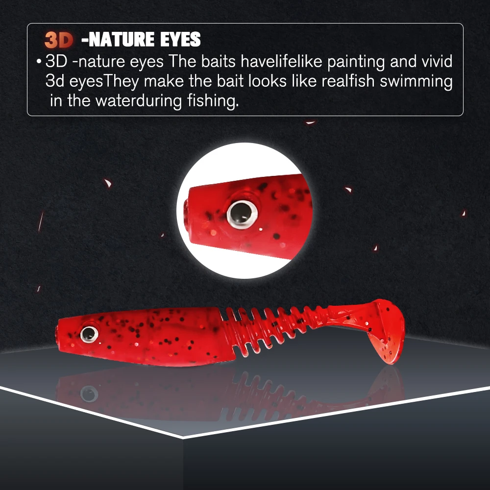 ZUKIBO Señuelo de pesca Swimbait suave 68 mm 58 mm Cola en T Gusano de silicona suave TPE Plásticos Cebos Señuelo 10PCS Señuelo Wobbler artificial Ojos 3D Señuelos flotantes con olor a pescado - imagen 5