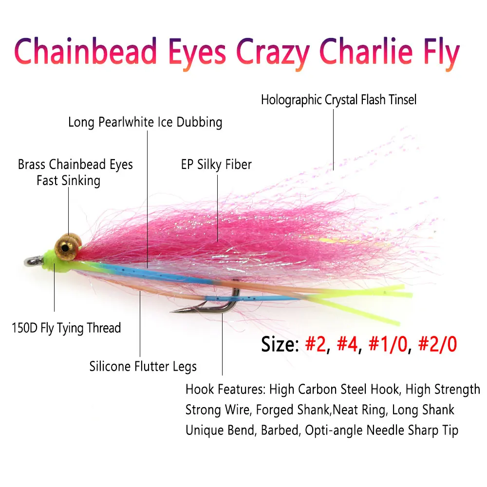 Bimoo 6 piezas # 4~ # 2/0 Chainbead Eyes Crazy Charlie Fly anzuelo con púas fregadero rápido Bonefish permiso Tarpon Señuelos de pesca de agua salada - imagen 2