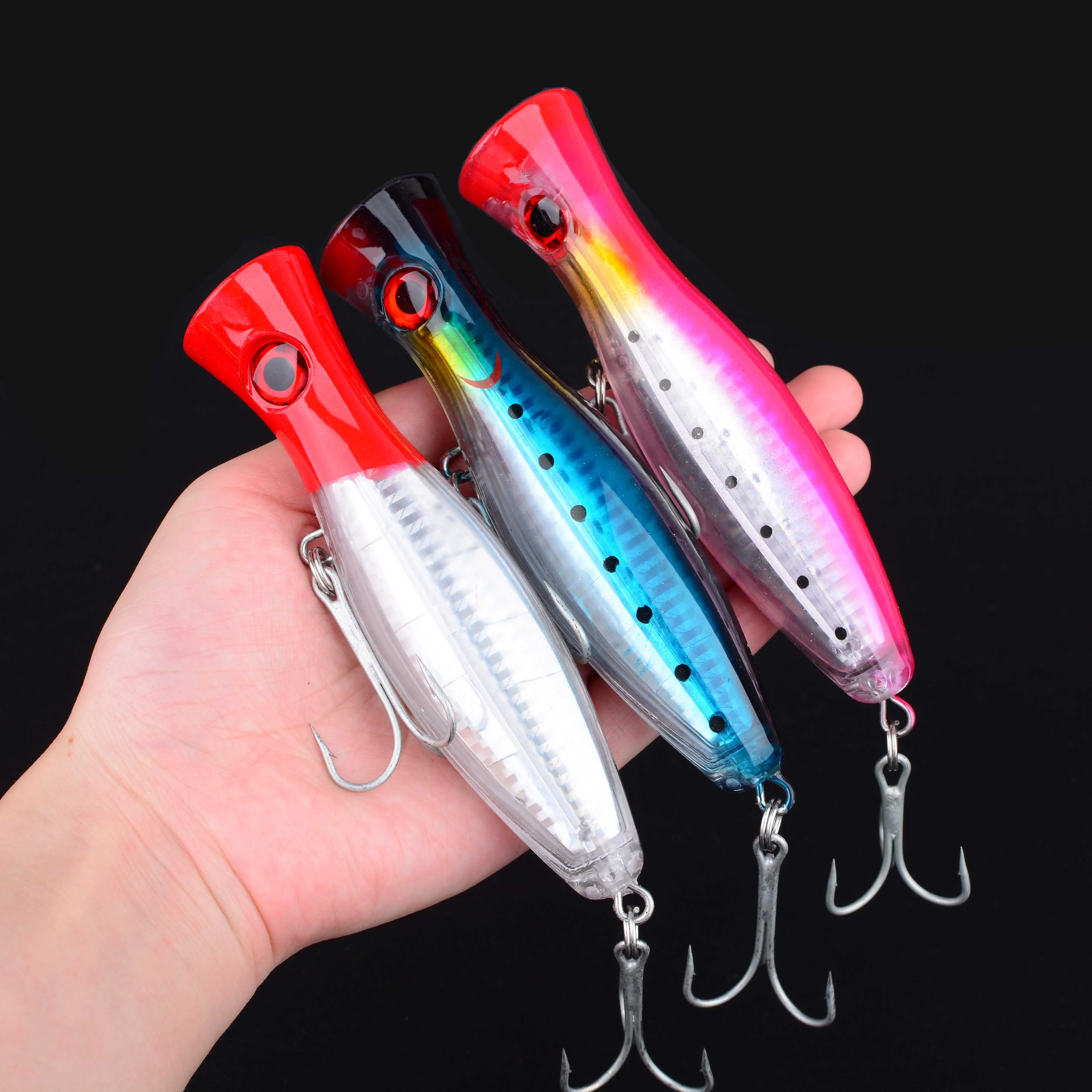 Señuelo de Pesca Popper grande, anzuelos triples, manivela, ojos 3D, cebo duro Artificial, carpa, Lucio, aparejos de Pesca, 6 uds. - imagen 3