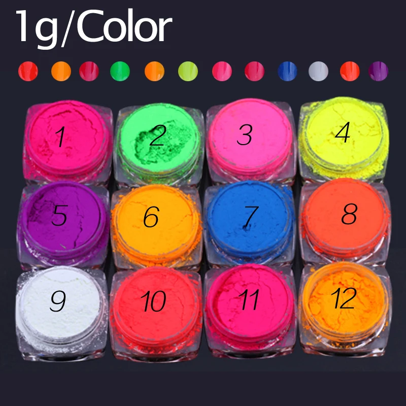 Elllv-anzuelo de asistencia de color, señuelo de atado de moscas, fabricación de polvo fluorescente, pintura UV para cebo de pesca DIY, 12 unids/lote por caja, 1g - imagen 2